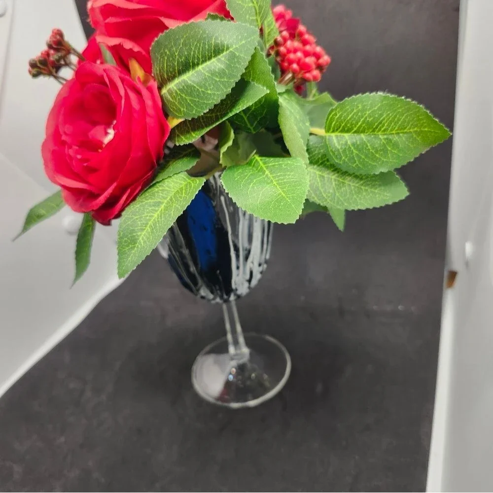 Hand Crafted Floral Table Centerpiece Summer Red Roses Flower Wine Glass